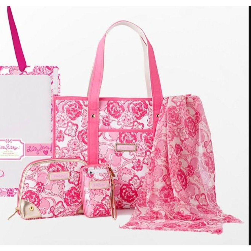 NWT Lilly Pulitzer Pink Phi Mu Patterned Bundle - Tote, Makeup Bag, Scarf